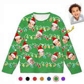 Custom Family Christmas Ugly Sweater – Personalized Holiday Sweatshirt with Colorful String Lights, Upload Family Photo with Santa Hats, Best Family Christmas Gift