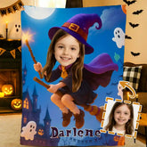 Custom Little Witch Kids Photo Blanket – Upload Child Portrait & Name