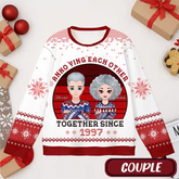 Custom Couple Christmas Ugly Sweater – Personalized Cartoon Design with Names & Anniversary Year