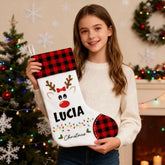 Personalized Reindeer Christmas Stocking with Name - Buffalo Plaid Style