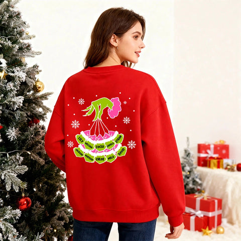 Custom Grinch Mom Christmas Sweatshirt with Kids’ Names – Double-Sided Design