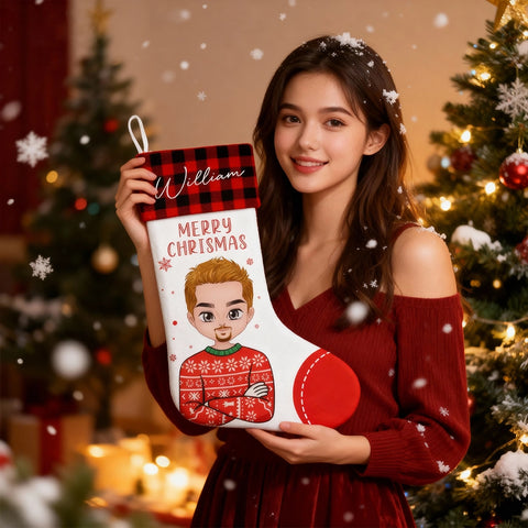 Personalized Character Christmas Stocking – Custom Name Plaid Cuff Design