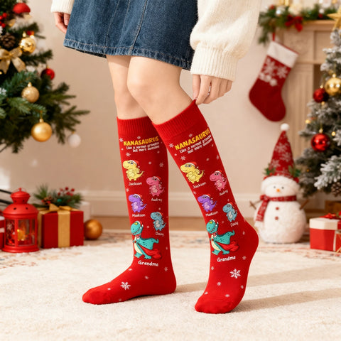 Custom Nanasaurus Christmas Socks with Grandkids' Names