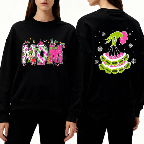 Custom Grinch Mom Christmas Sweatshirt with Kids’ Names – Double-Sided Design