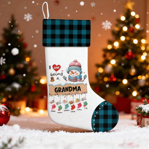 I Love Being a Grandma - Personalized Christmas Stockings with Grandchildren's Names - Snowman and Buffalo Plaid