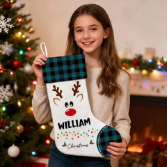 Personalized Reindeer Christmas Stocking with Name - Buffalo Plaid Style