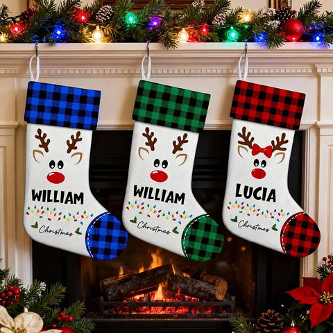 Personalized Reindeer Christmas Stocking with Name - Buffalo Plaid Style