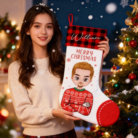Personalized Character Christmas Stocking – Custom Name Plaid Cuff Design
