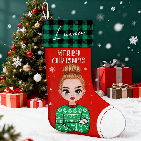 Custom Cartoon Girl Christmas Stocking – Personalized Name Design
