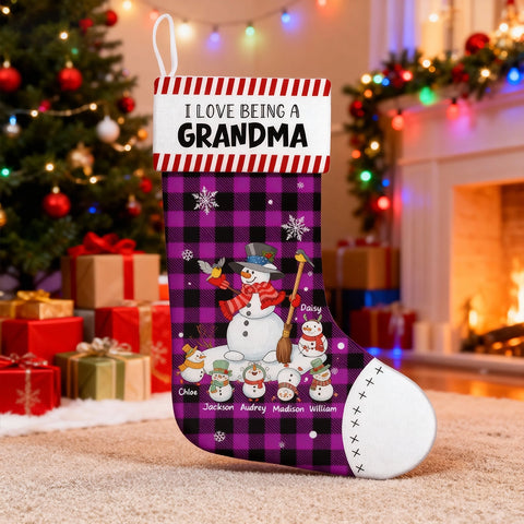 Custom "I Love Being A Grandma" Christmas Stocking with Snowman Family and Grandkids' Names