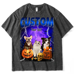 Custom Bootleg Halloween T-Shirt – Personalized Pet Photo & Name, Vintage Dog Graphic Tee, One-of-a-Kind Halloween Gift