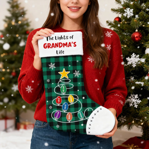 Customize "The Lights of Grandma's Life" Christmas stockings and edit your grandchildren's names on the lights