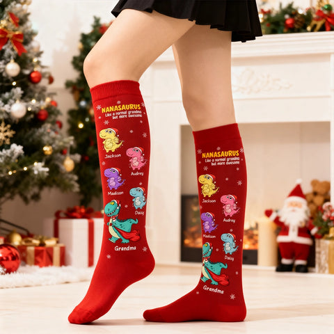 Custom Nanasaurus Christmas Socks with Grandkids' Names