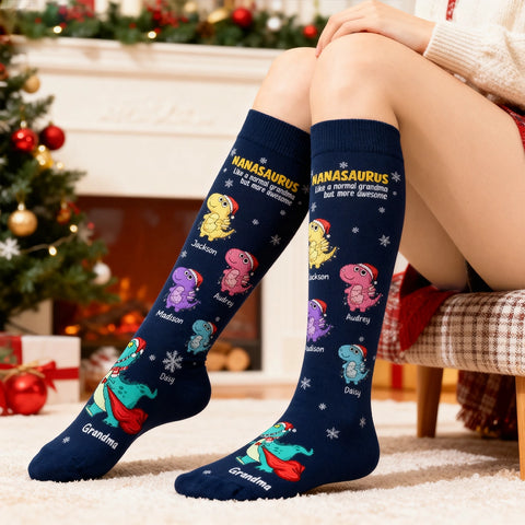 Custom Nanasaurus Christmas Socks with Grandkids' Names