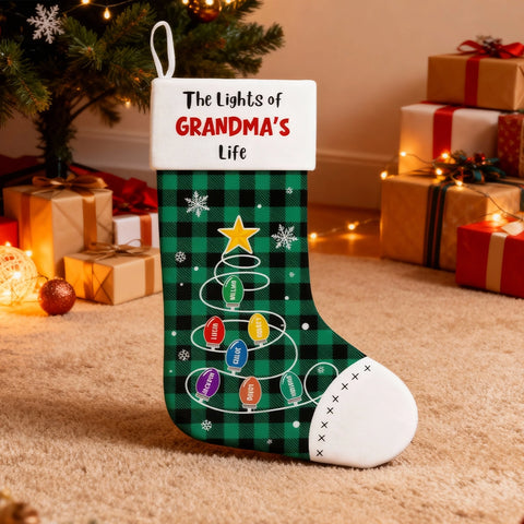 Customize "The Lights of Grandma's Life" Christmas stockings and edit your grandchildren's names on the lights
