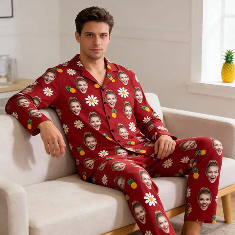 Custom-made Valentine's Day pajamas for couples, featuring personalized face photos and fun accessory patterns.