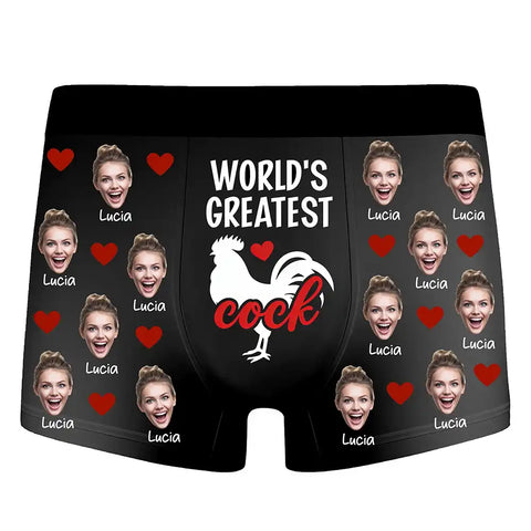 “World's Rreatest Rooster ” Custom Face Photo Boxer Briefs - A fun and personalized gift for your husband, boyfriend, or on Valentine's Day.
