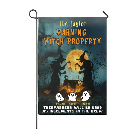 Personalized Halloween Flag – Witch & Cute Ghost Family Banner