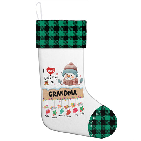 I Love Being a Grandma - Personalized Christmas Stockings with Grandchildren's Names - Snowman and Buffalo Plaid