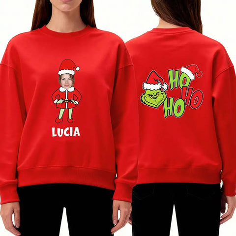 Personalized Christmas family sweatshirts with photo uploads and custom names – Designed by Ho Ho Ho