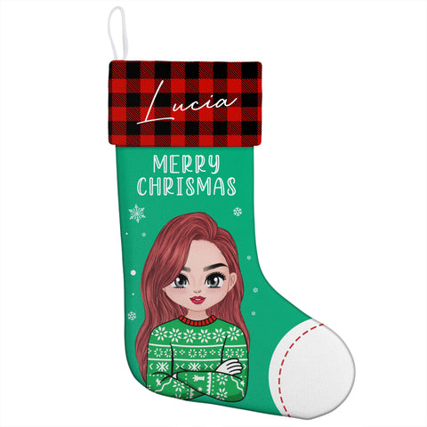 Custom Cartoon Girl Christmas Stocking – Personalized Name Design