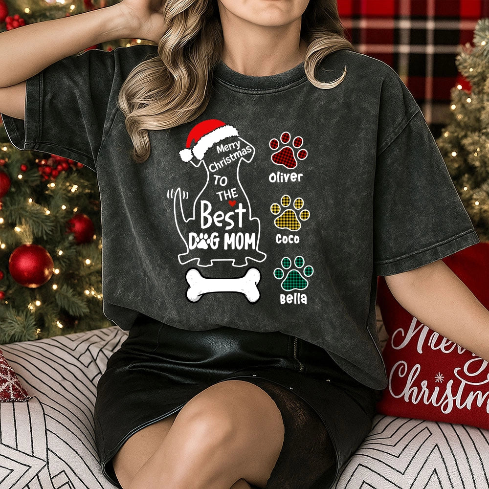 Personalized Best Dog Mom Christmas T-Shirt with Pet Names