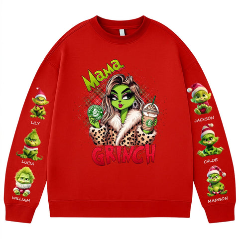 Personalized Mom Grinch sweatshirt with your child's name printed on it for Christmas