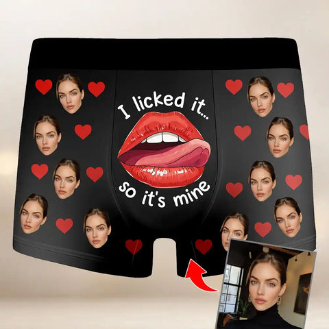 Custom Photo I Licked It So It's Mine Personalized Men's Boxer Briefs for Couples