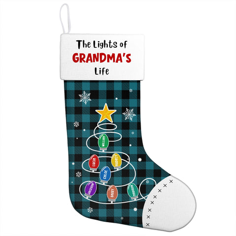 Customize "The Lights of Grandma's Life" Christmas stockings and edit your grandchildren's names on the lights