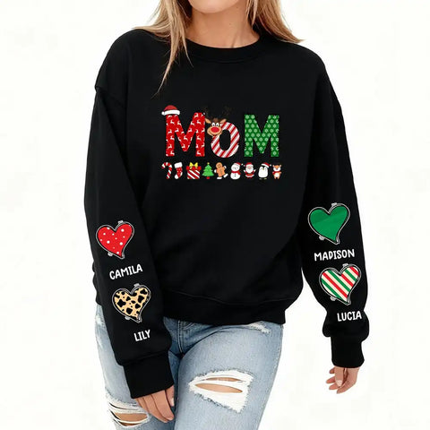 Personalized MUM Christmas Sweatshirt – Custom Hearts and Names on Sleeves