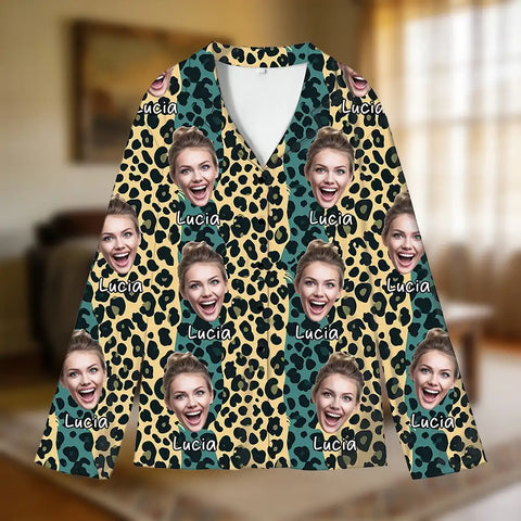 Personalized leopard print pajamas for couples, with customizable photos.