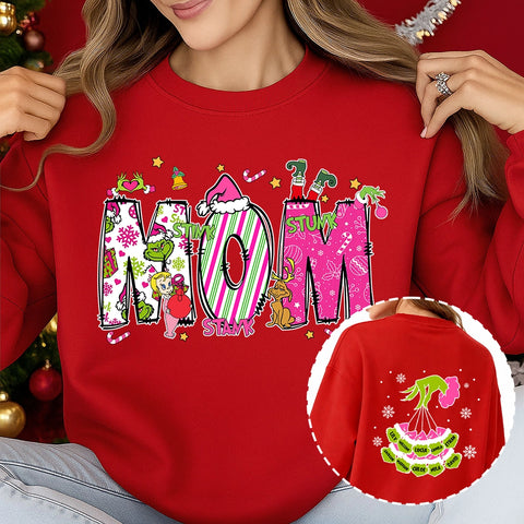 Custom Grinch Mom Christmas Sweatshirt with Kids’ Names – Double-Sided Design