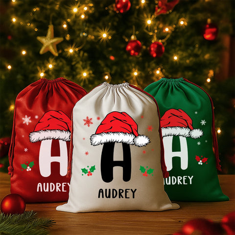 Personalized Christmas Gift Bag with Santa Hat Initial and Name