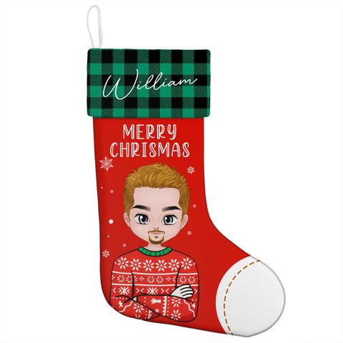 Personalized Character Christmas Stocking – Custom Name Plaid Cuff Design