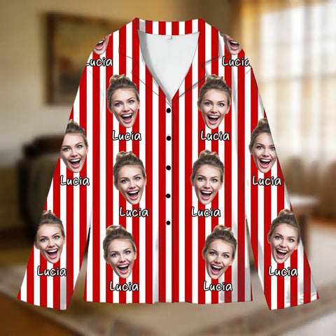 Personalized striped pajamas with custom photo portraits – a Valentine's Day gift for couples