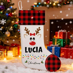 Personalized Reindeer Christmas Stocking with Name - Buffalo Plaid Style