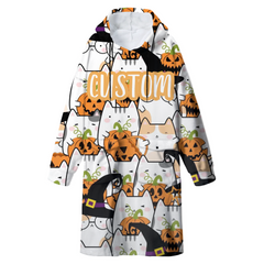 Custom Halloween Hooded Blanket with Name – Personalized Cat & Pumpkin Cozy Gift for Kids & Adults