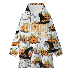 Custom Halloween Hooded Blanket with Name – Personalized Cat & Pumpkin Cozy Gift for Kids & Adults