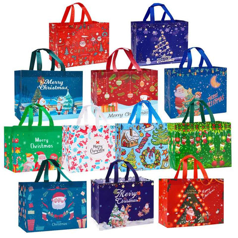 Large Reusable Christmas Gift Bags – Non-Woven Tote Bags for Xmas Party, New Year Gifts & Holiday Shopping (12.8"×9.8"×6.7")