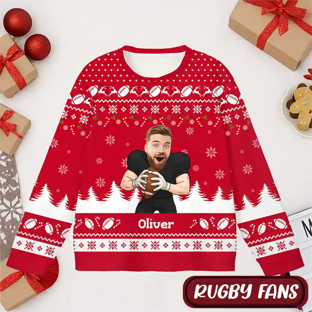 Funny Football Fan Ugly Christmas Sweater – Personalized Face & Name Holiday Sweatshirt