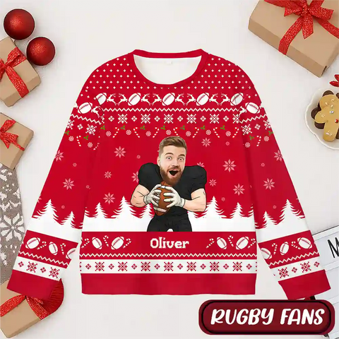 Funny Football Fan Ugly Christmas Sweater – Personalized Face & Name Holiday Sweatshirt