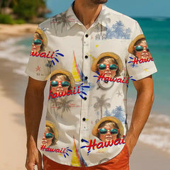 Camiseta playera con cara de mascota divertida: estilo hawaiano personalizado para fiestas de verano 