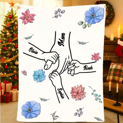 Custom Handprint  Blanket – Personalized with Names, Holding Mom’s Hand, Best Christmas Gift