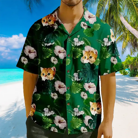 Camisa hawaiana personalizada con foto de mascota para hombre: Camisa playera Aloha con rostro personalizado