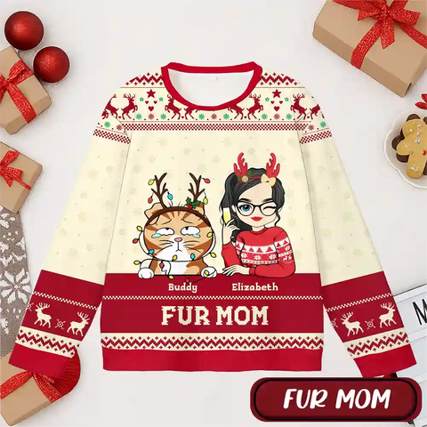 Personalized Cat Mom Christmas Sweater – “Fur Mom” Custom Ugly Holiday Sweatshirt with Pet Name & Cartoon Design
