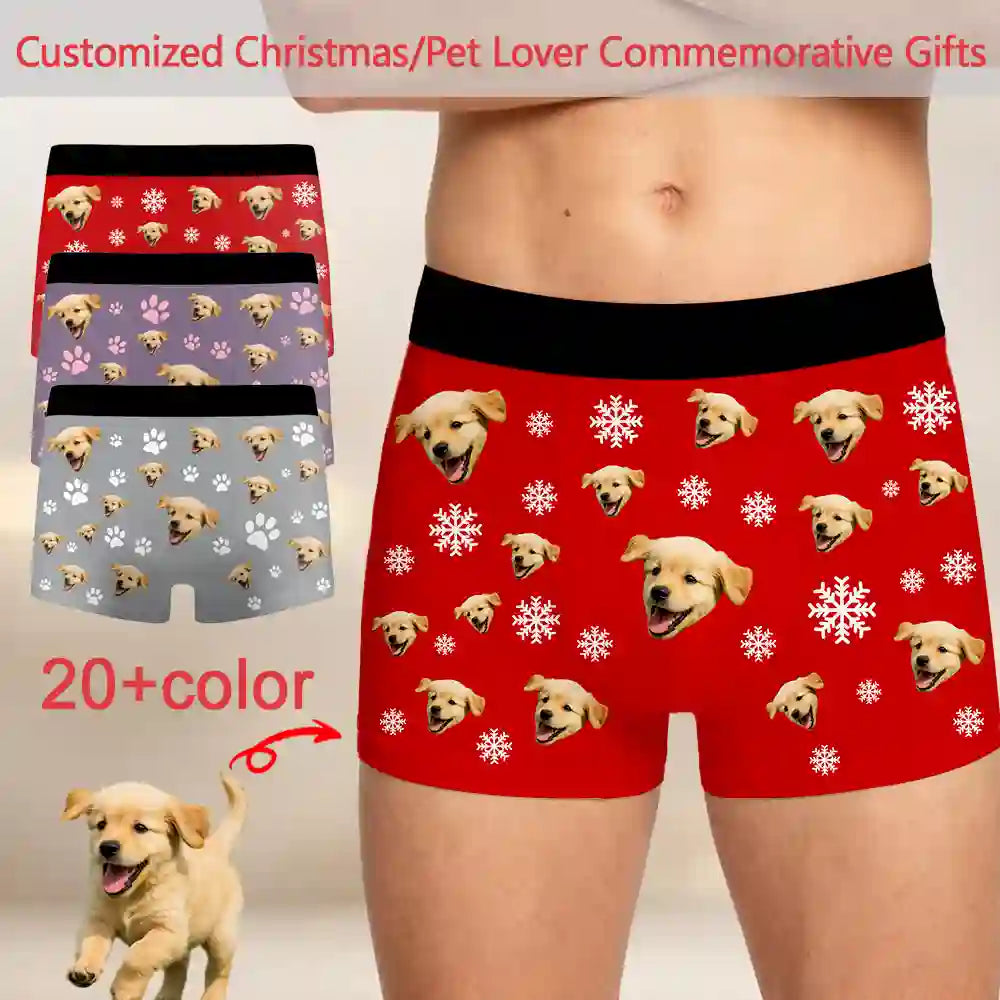 Custom Dog Face Christmas Boxer Briefs – Personalized Men’s Underwear with Pet Photo
