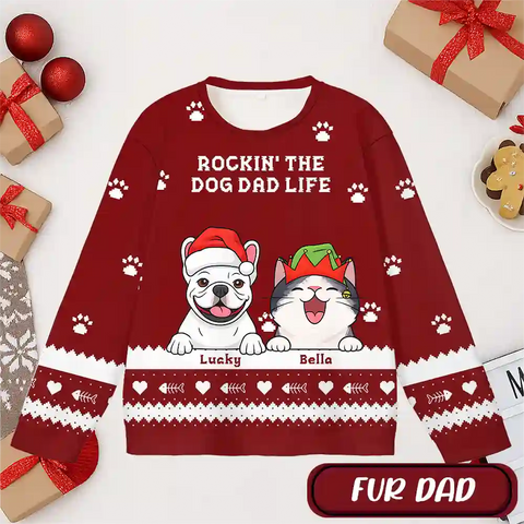 Custom “Rockin’ The Pet Parent Life” Ugly Christmas Sweater – Personalized Dog & Cat Face Holiday Sweatshirt, Funny Gift for Pet Moms & Dads