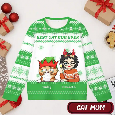 Best Cat Mom Ever Ugly Christmas Sweater – Personalized Cat Lover Holiday Sweatshirt with Custom Cartoon Design