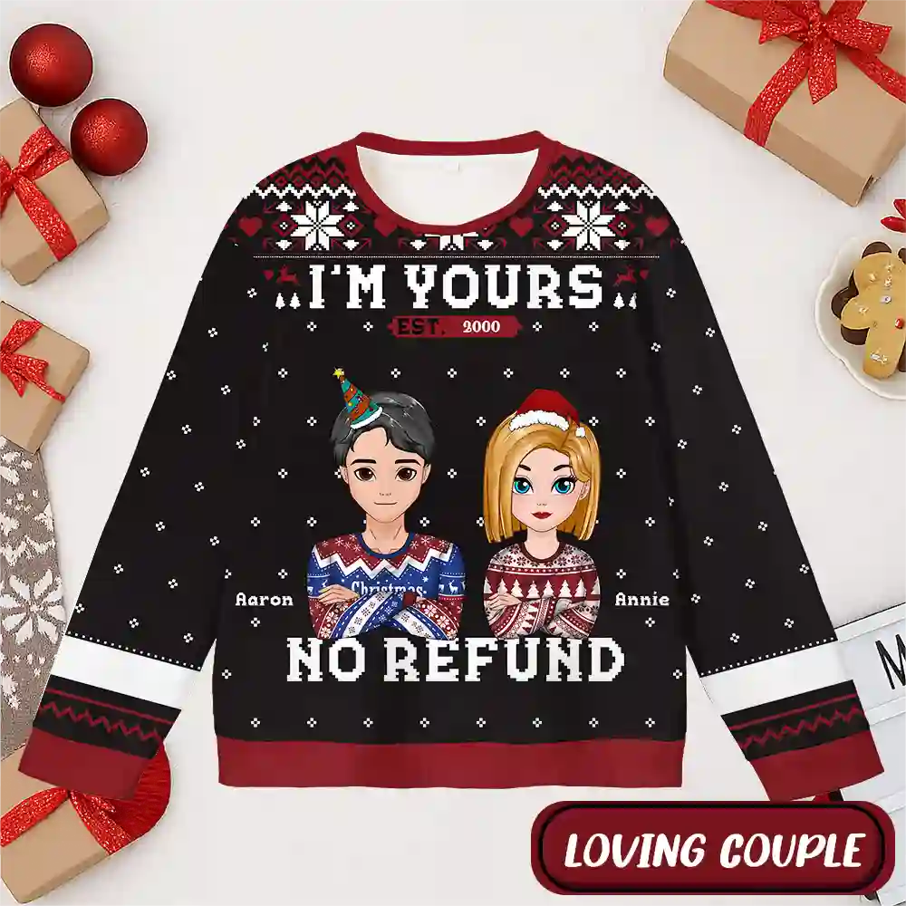 Custom Couple Christmas Ugly Sweater – Personalized “I’m Yours, No Refund” Holiday Sweatshirt with Names & Avatars