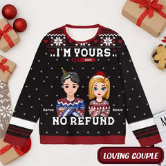 Custom Couple Christmas Ugly Sweater – Personalized “I’m Yours, No Refund” Holiday Sweatshirt with Names & Avatars